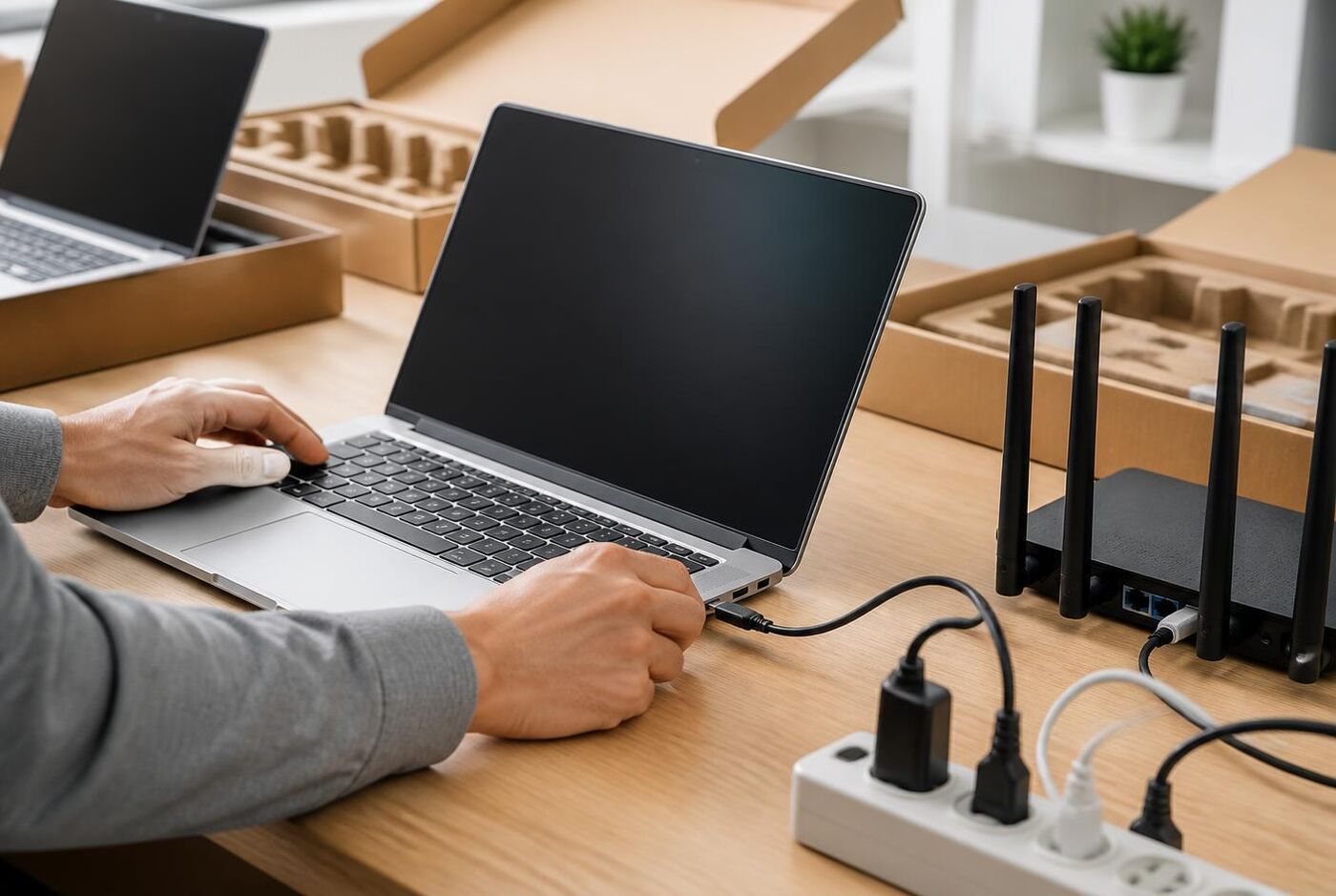Men k ap enstale laptop ki fèk rive, yon routè ak yon multipriz sou yon biwo.